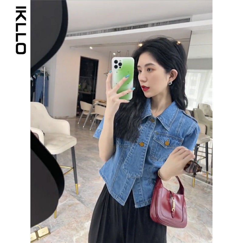 Áo sơ mi denim thiết kế cổ điển kiểu Pháp thời trang mùa xuân và mùa hè cho nữ