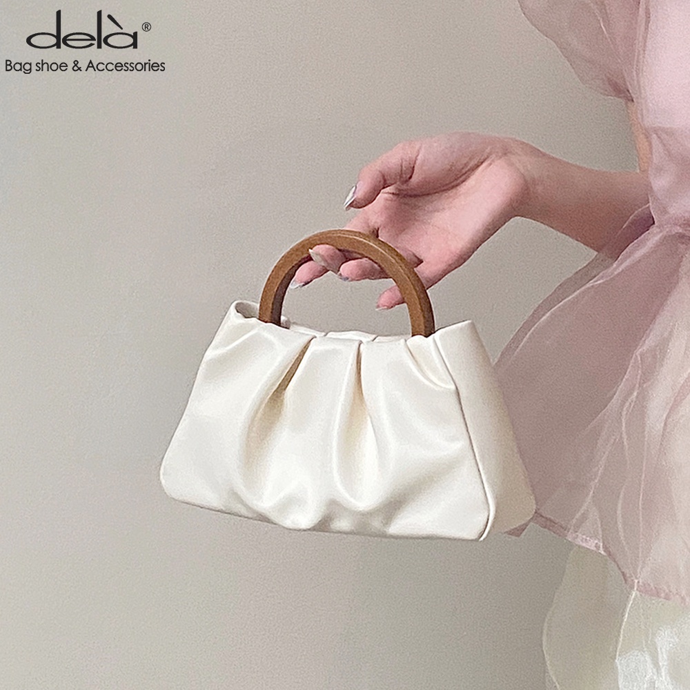 Dela Túi Xách Nữ Mini Dela Đeo Chéo Hình Đám Mây Xếp Ly Tay Cầm Gỗ Thời Trang đi tiệc
