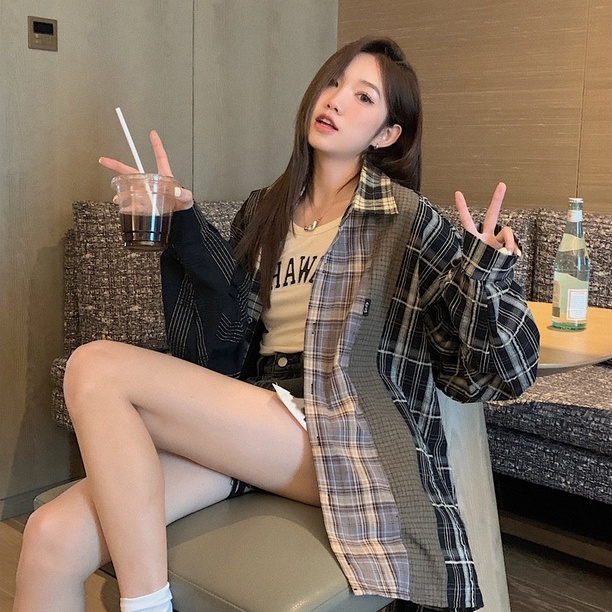 Áo Sơ Mi Nữ Tay Dài Dáng Rộng Họa Tiết Caro Phong Cách retro