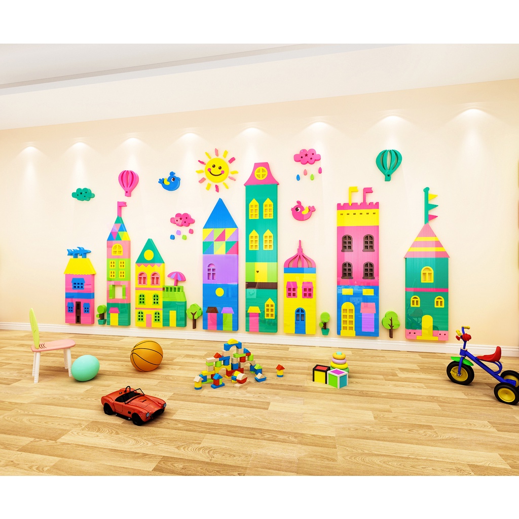 Miếng Dán Trang Trí Cầu Thang Hình Lâu Đài Thành Phố 3D Bằng Acrylic