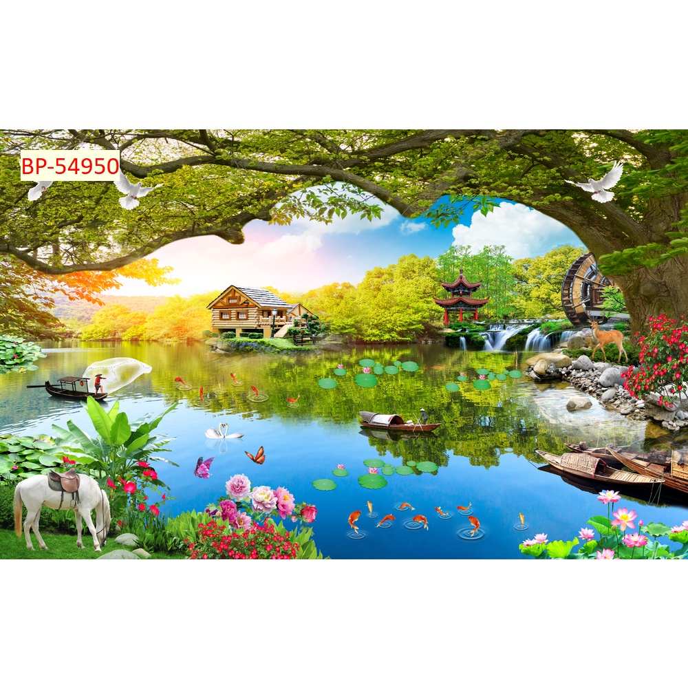 Tranh phong cảnh hồ nước thiên nhiên khổ lớn, không giới hạn kích thứớc