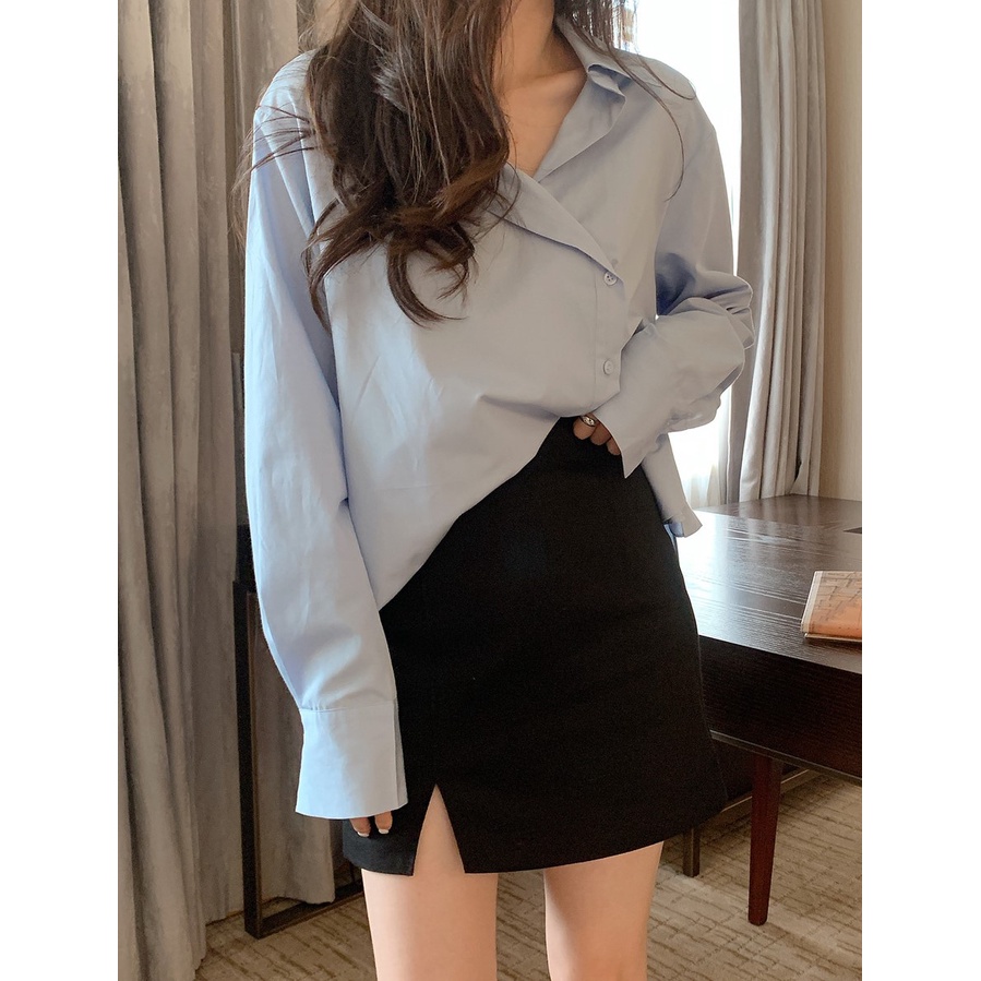 Áo Sơ Mi Tay Dài Cài Nút Bên Hông / Chân Váy Chữ A Lưng Cao Phong Cách Hàn Quốc Hàng Mới 45266