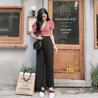 Set áo crt kẻ rút ngực kèm quần ống suông rộng đen