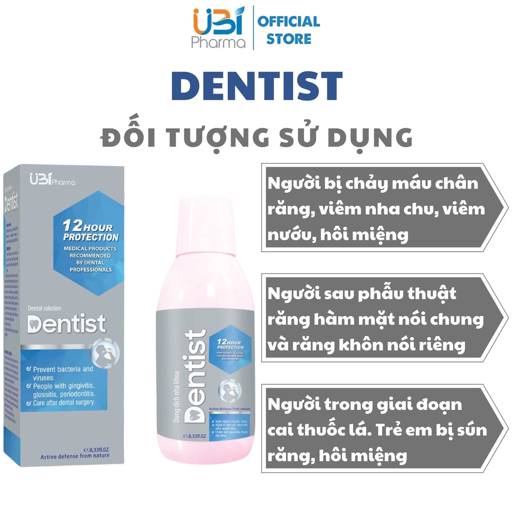 Nước súc miệng Dentist UBI Pharma dùng cho người bị viêm lợi, viêm lưỡi, viêm quanh răng chai 250ml