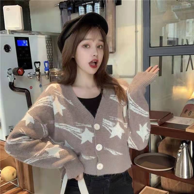 【ZHELIHANGFEI】Áo Cardigan Dệt Kim Tay Dài Cổ Chữ V Dáng Rộng Phong Cách Preppy Dễ Phối Đồ