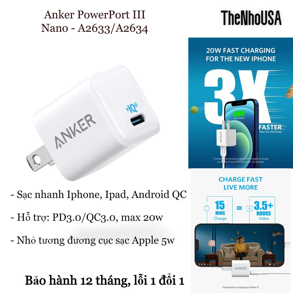 Sạc AK PowerPort III Nano 20w - A2633/A2634 [BH 12T]