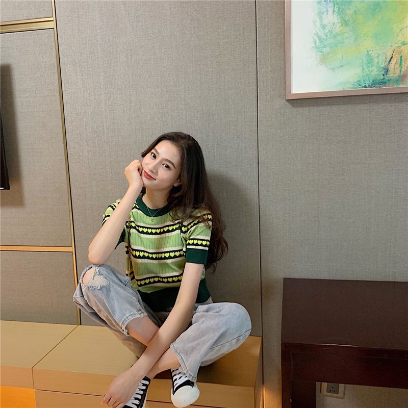 Áo Thun Dệt Kim Tay Ngắn Màu Xanh Bơ Thiết Kế Mới Thời Trang Mùa Hè 2022 Phong Cách Hàn Quốc Cho Nữ