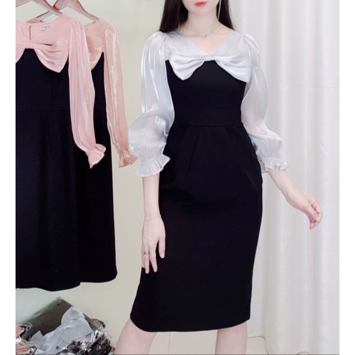 Váy body nơ to  phối tơ cao cấp là hàng thiết kế may kỹ ,trẻ xinh và tôn dáng, chất Xước Thái dày mịn mướt. Ảnh thật.