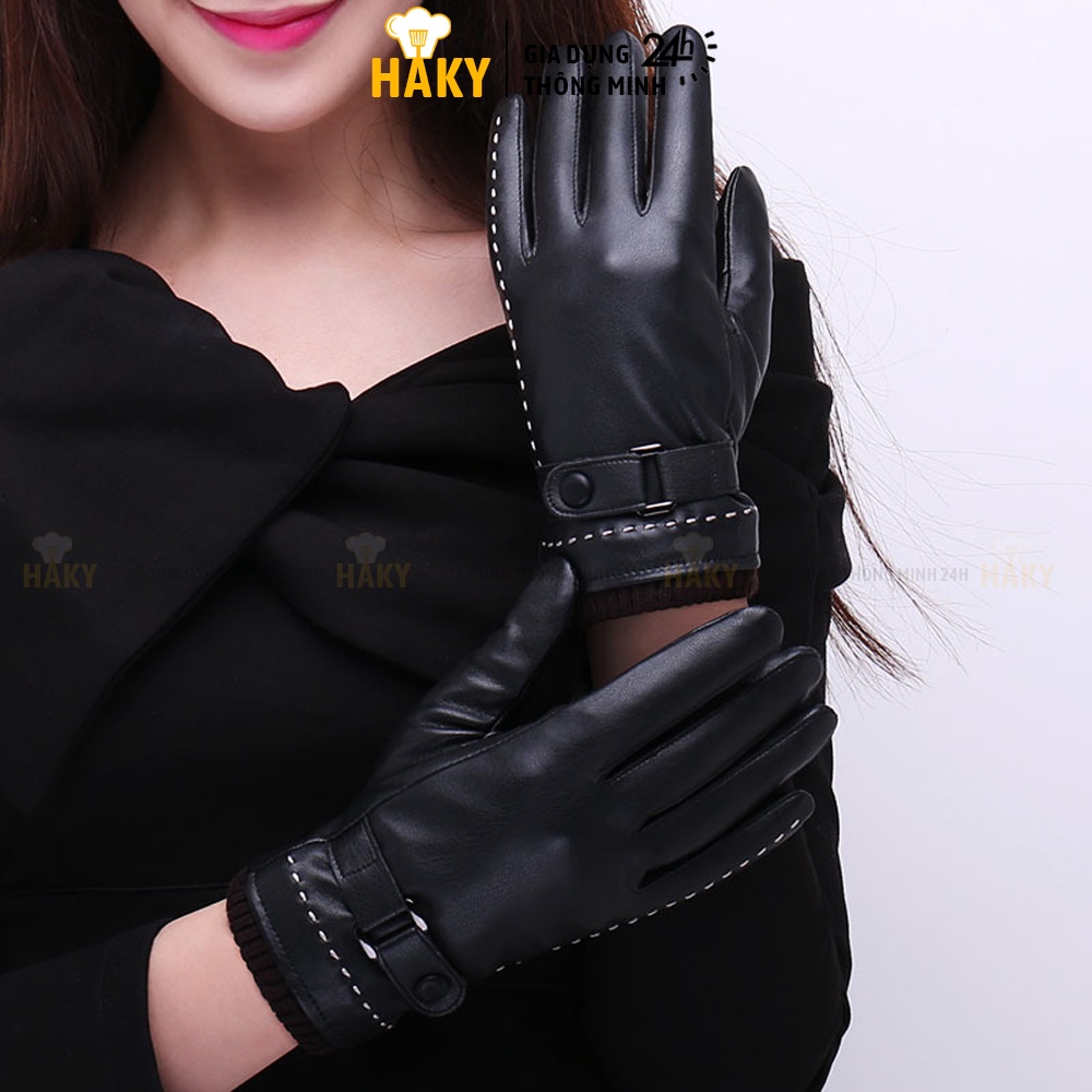 Găng tay da nam nữ lót lông cao cấp giữ ấm, chống lạnh mùa đông HAKY028, thiết kế thời trang, cảm ứng điện thoại mượt