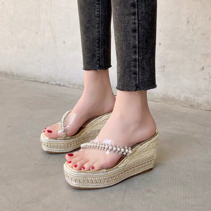 Dép và sandals đế xuồng quai cói viền đá 11 cm, hàng cao cấp