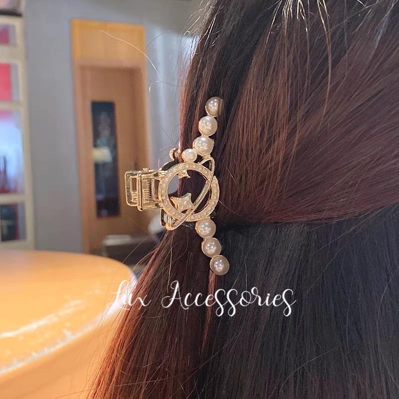 Kẹp tóc càng cua ngọc tra.i Hàn Quốc cặp tóc kim loại đính đá sang trọng CT01 Lux Accessories