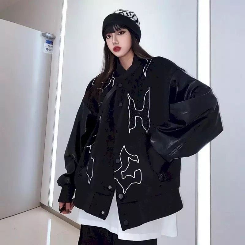 ÁO BOMBER KAKI TAY PHỐI DA THÊU HỌA TIẾT MẶT TRƯỚC SAU FROM UNISEX NAM NỮ STYLE ULZZANG Màu Đen