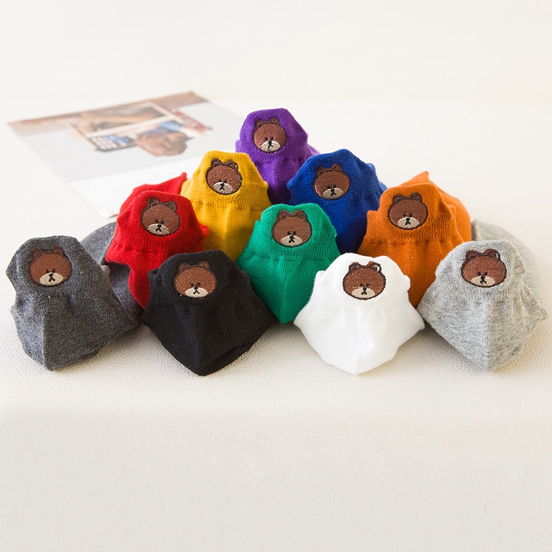 Vớ cotton màu trơn thêu đầu gấu hoạt hình đáng yêu