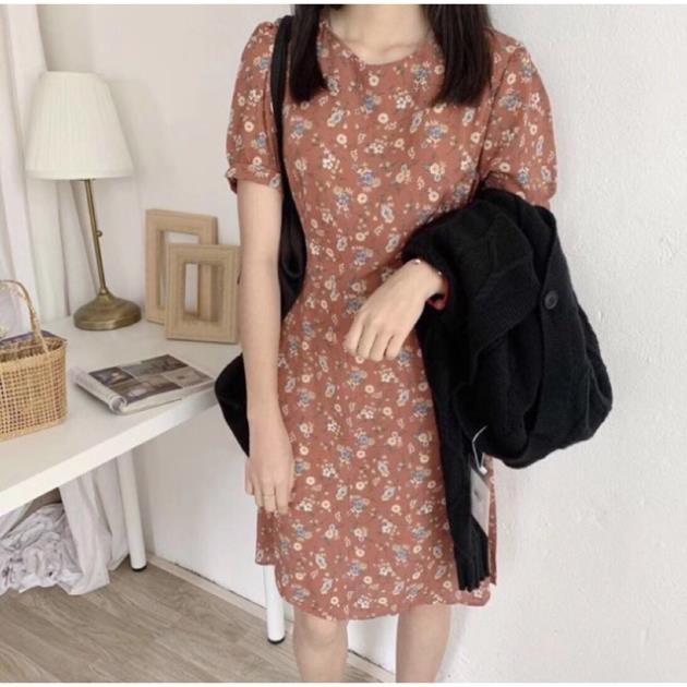 Váy hoạ tiết hoa nhí cổ tròn ngắn tay vintage 🌻 VKE7011 Hàng Quảng Châu  ྇