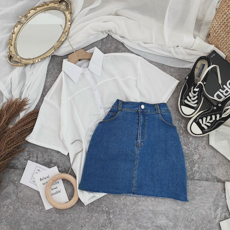 Set áo trắng + chân váy jean form A