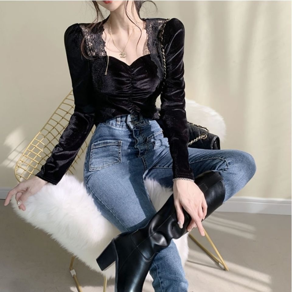 MỚI Áo nhung cổ vuông tay dài phối ren quyến rũ cho nữ