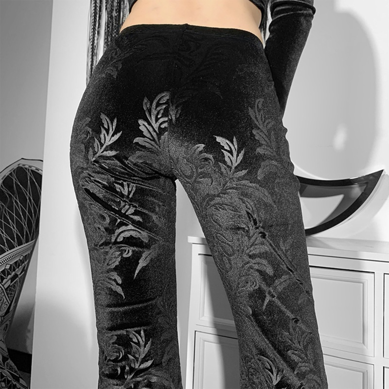 Brroa Quần Nhung Ống Loe Xẻ Tà Trước Họa Tiết Hoa Màu Đen Phong Cách Punk Gothic Harajuku Vintage Cho Nữ Wi