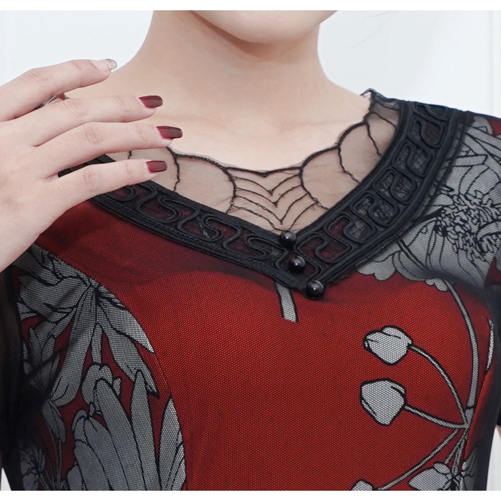 GOTI - Đầm Trung Niên Dự Tiệc Dáng Xòe Dài Qua Gối Phối Lưới Co Giãn Tốt Sang Trọng Cho Mẹ U50 U60 3351 3332