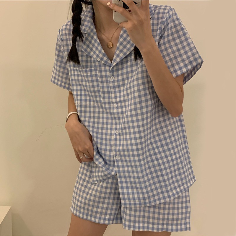 [CÓ SẴN] Đồ ngủ pijama kẻ caro xanh Hàn Quốc cộc tay quần đùi ullzang