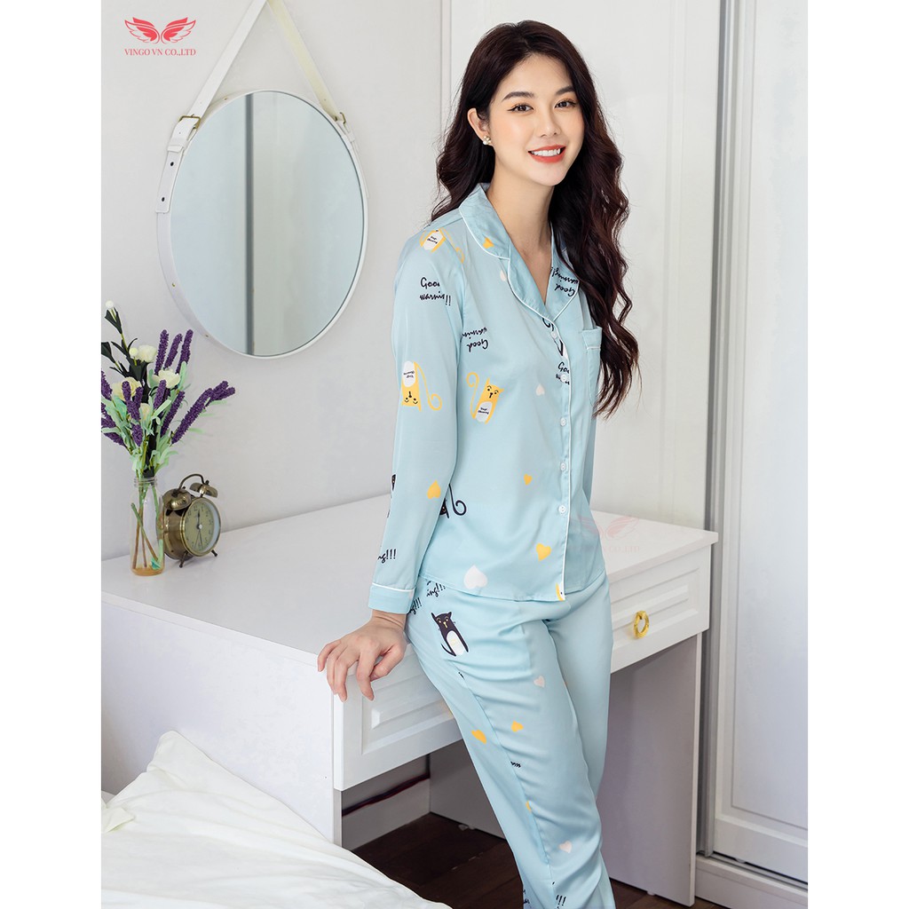 Đồ Bộ Nữ Pijama Mặc Nhà VINGO Lụa Pháp Cao Cấp Dài Tay Quần Dài Lụa Pháp Họa Tiết Mèo Đáng Yêu Thu Đông H238 VNGO - TDQD