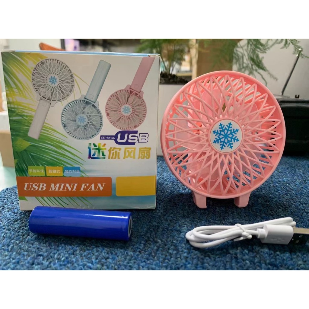 Quạt mini cầm tay gấp gọn tích điện đầy đủ phụ kiện pin , đế, dây sạc (có thể tháo gấp để bàn)