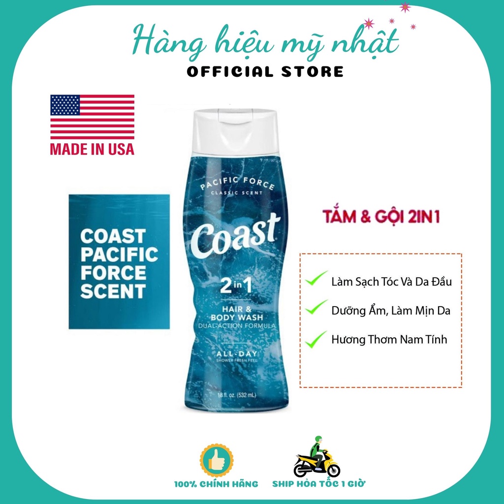 Sữa tắm gội 2 in 1 coast hair & body wash 532ml usa