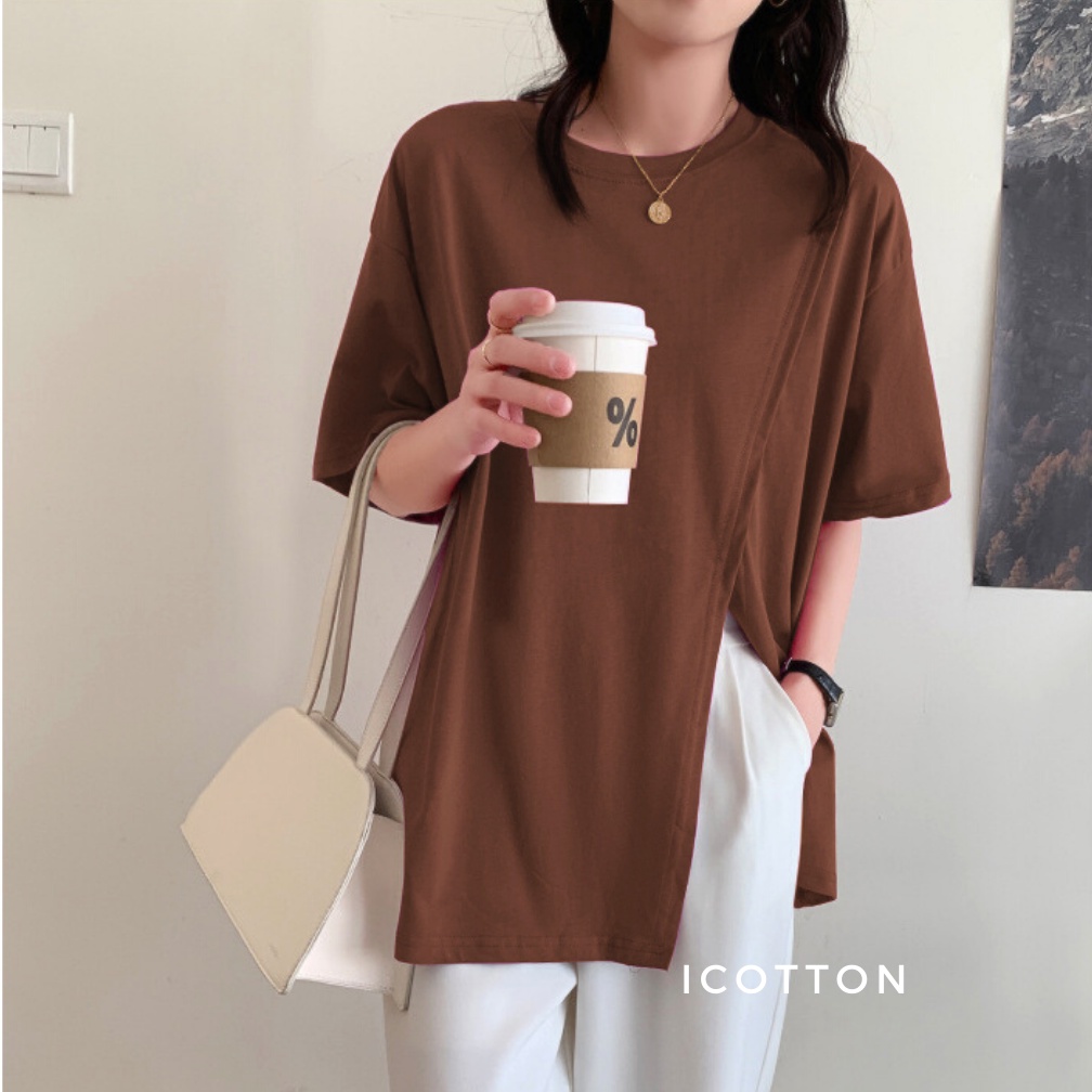 Áo thun nữ ICOTTON áo phông tay lỡ phom rộng xẻ tà 100%cotton kiểu dáng mặc hè mát