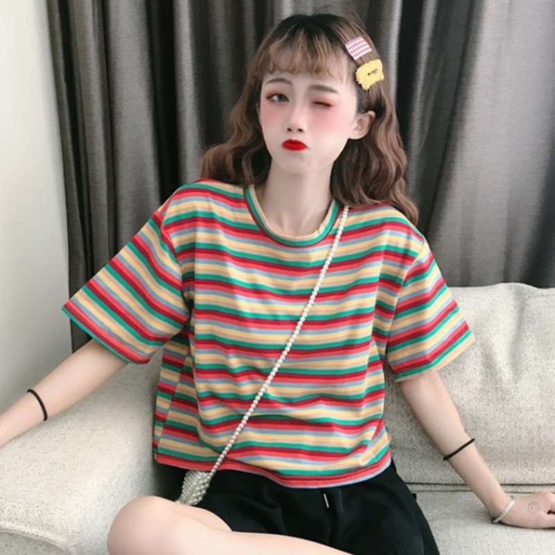 Áo Thun Lửng Tay Ngắn Kẻ Sọc Cầu Vồng Thời Trang Cho Nữ