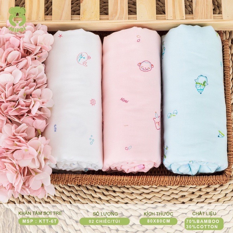 Set 2 Khăn Tắm Trẻ Em Cao Cấp 6 Lớp Mipbi 80x80cm sợi tre 70% cotton 30% đa năng tắm, quấn , ủ