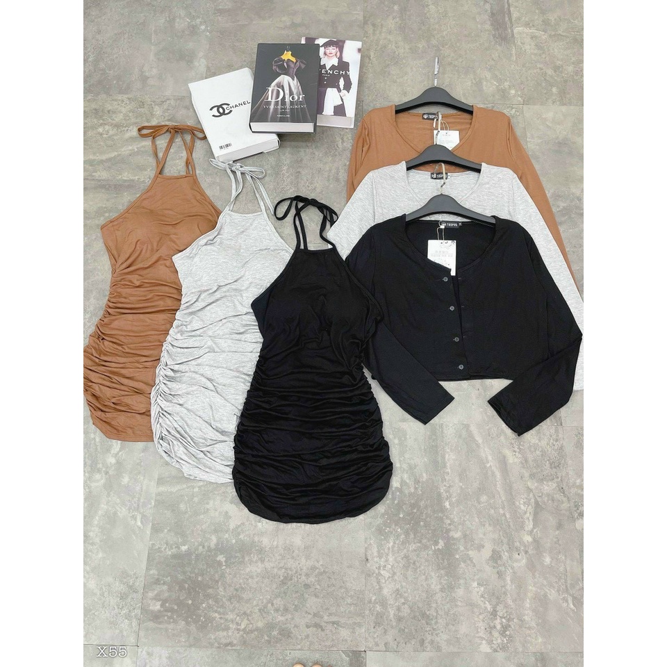 Đầm kiểu nhúm sườn cổ yếm cột dây kèm áo khoác cadigan mỏng nhẹ LY70