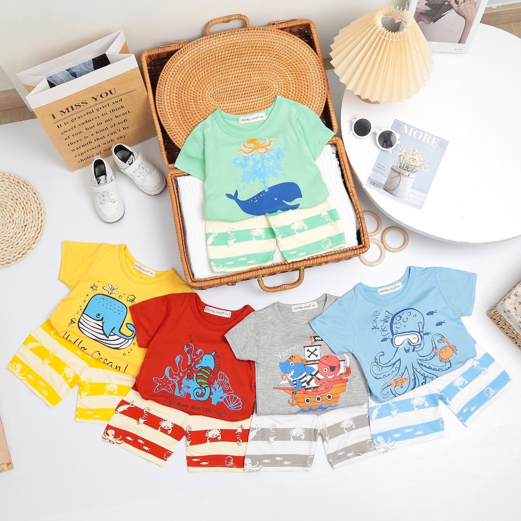 [Bé 19-32kg] Bộ ngắn tay thun lạnh in toàn thân Minky Mom cho bé trai bé gái - Hàng chuẩn loại 1