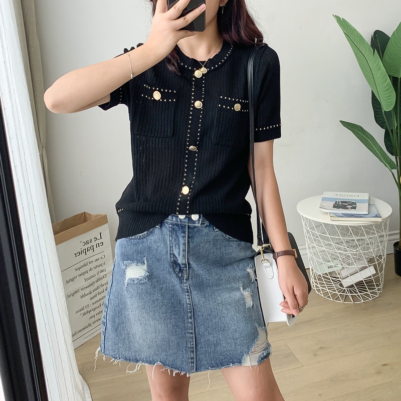 Áo dệt kim SUXI tay ngắn màu trơn phong cách cổ điển dành cho nữ