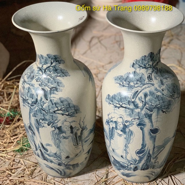 Đôi lọ lộc bình Gốm sứ Bát Tràng men rạn vẽ thủ công cao cấp Hoạ tiết đào thọ cao 50cm