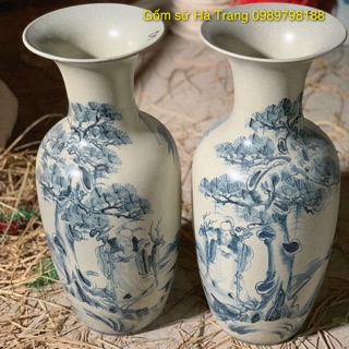 Đôi lọ lộc bình Gốm sứ Bát Tràng men rạn vẽ thủ công cao cấp  Hoạ tiết đào thọ cao 50cm