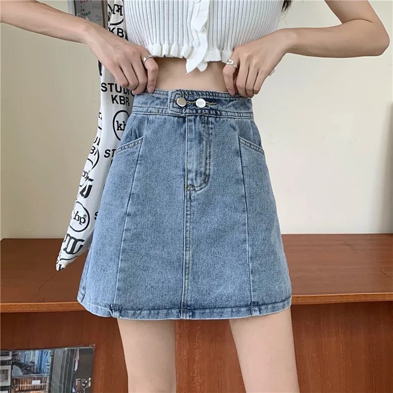 Chân váy jean lưng cao dáng chữ A màu xanh nhạt phong cách Hàn Quốc thời trang mùa thu mới cho nữ