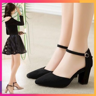 Giày sandal cao gót mũi nhọn viền gót vuông 7p