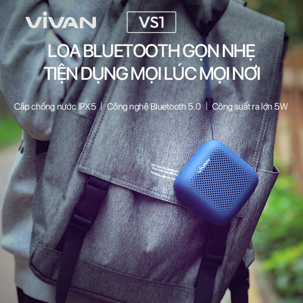 Loa Bluetooth mini Vivan VS1 chống nước chuẩn IPX5 an toàn sử dụng, Bluetooth 5.0 công suất 5W, âm thanh trung thực