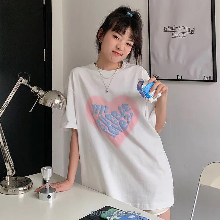 100% cotton Áo thun tay ngắn dáng rộng in hình trái tim phong cách hàn quốc đáng yêu thời trang mùa hè mới cho nữ 2023