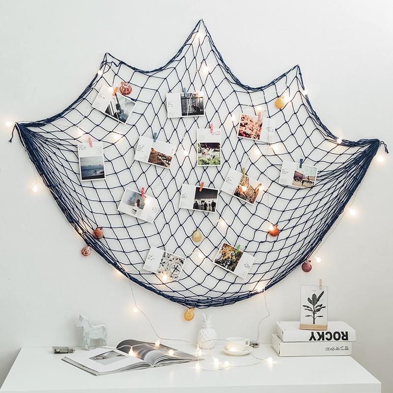 Khung Lưới Trang Trí GU DECOR WOODEN - Khung Lưới Đánh Cá Treo Tường Màu Xanh Theo Phong Cách Địa Trung Hải
