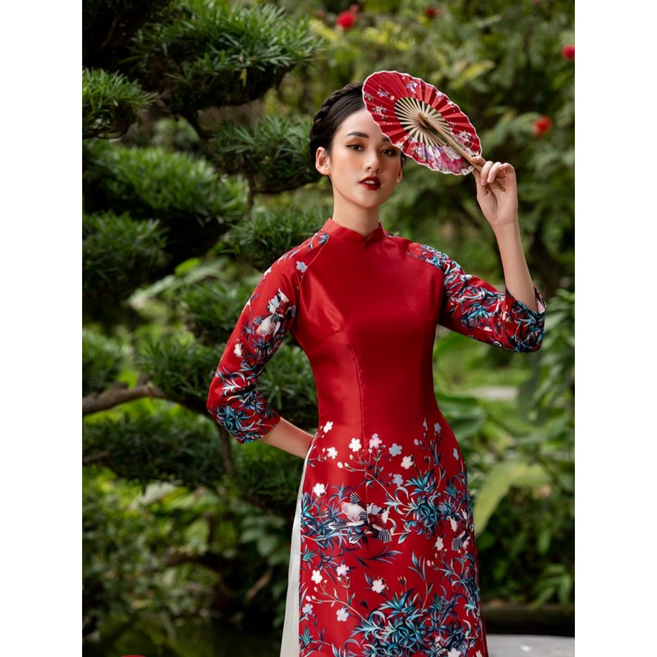 Áo Dài Cách Tân Họa Lụa Mềm Họa Tiết Hoa Xanh