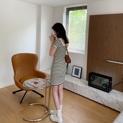 Đầm dệt kim ZHELIHANGFEI ngắn tay cổ vuông họa tiết kẻ sọc thời trang