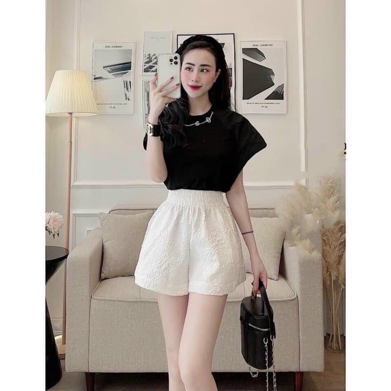 Quần sooc cạp chun dáng bồng chất xốp hoa nổi Ulzzang