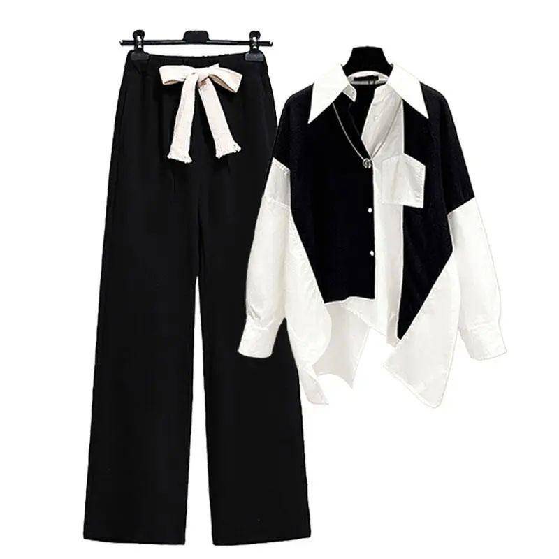 Set Áo Sơ Mi Dài Tay + Quần Dài Ống Rộng Phong Cách Mới Cho Nữ