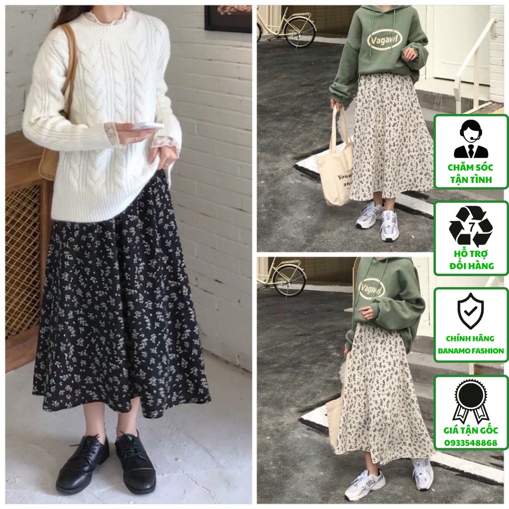 Chân váy voan hoa dáng dài phong cách vintage và áo thun (chọn hoạ tiết váy và áo rời), chân váy Hàn Quốc