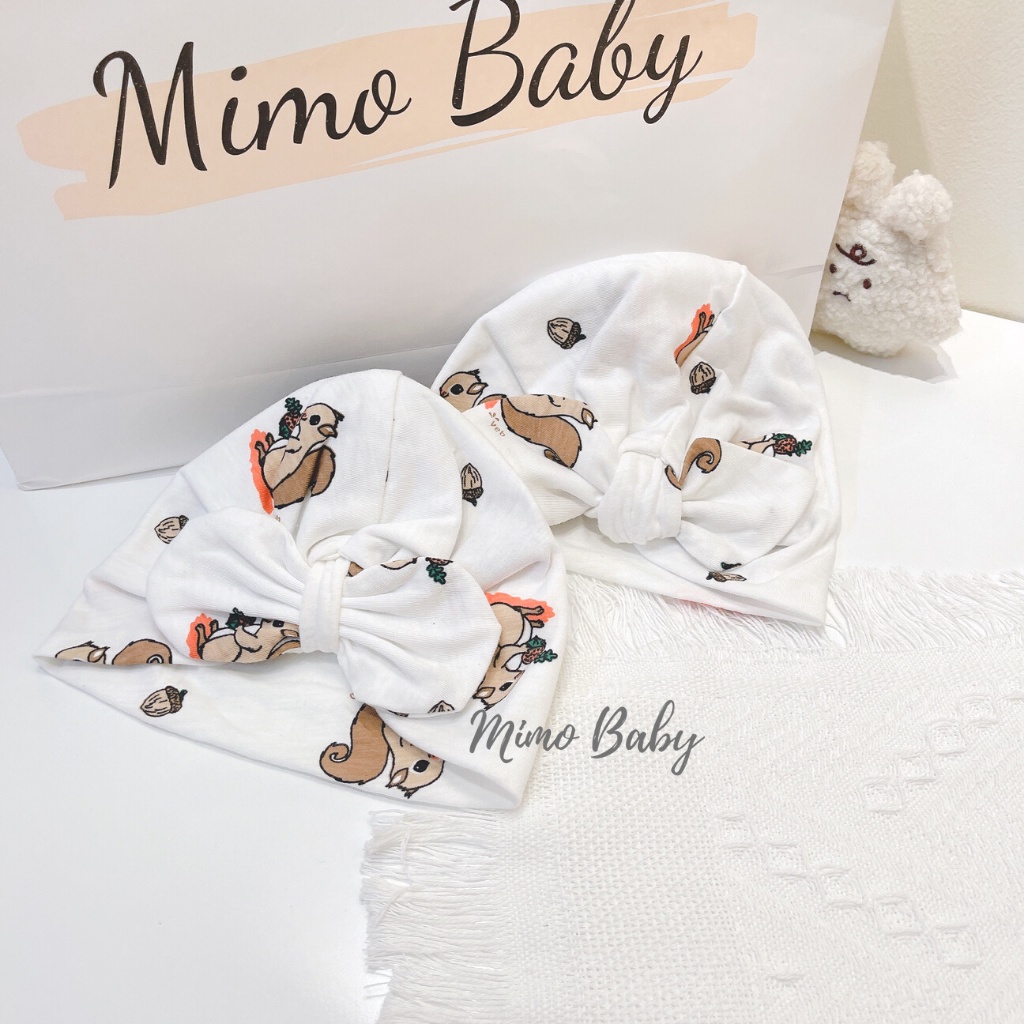 Mũ turban màu trắng họa tiết chú sóc nhỏ đáng yêu cho bé MTB99 Mimo Baby