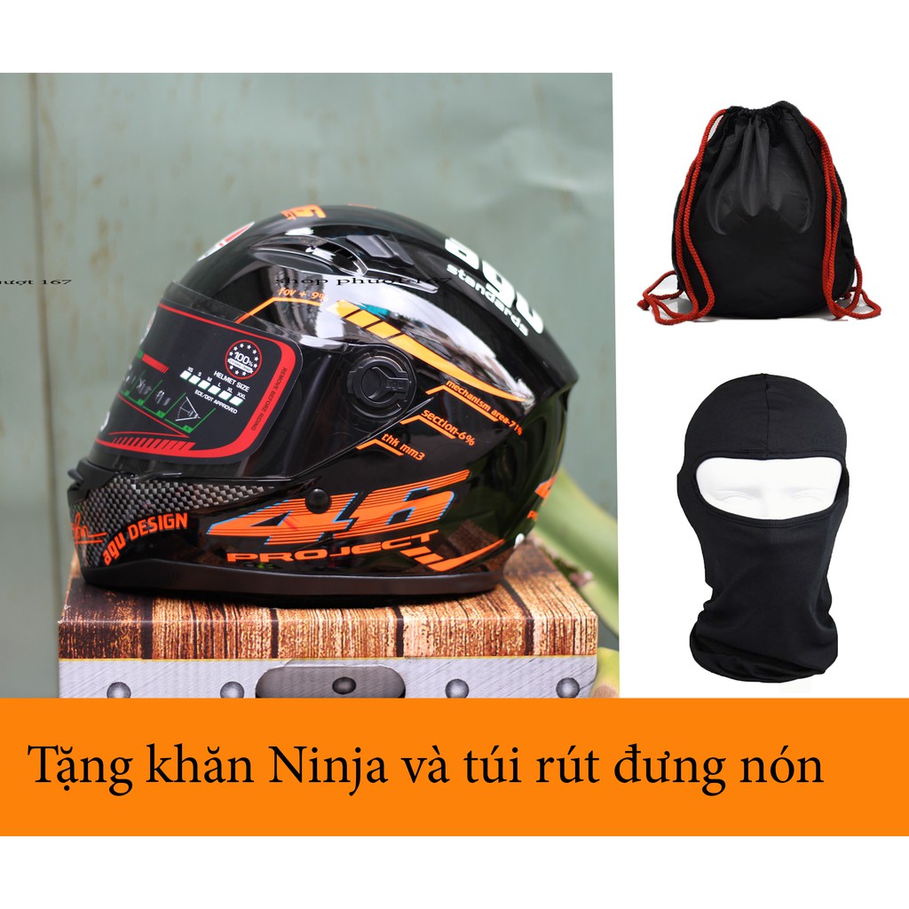 Nón Fullface AGU tem Cam 46 phản quang, tặng khăn ninja và túi đựng nón