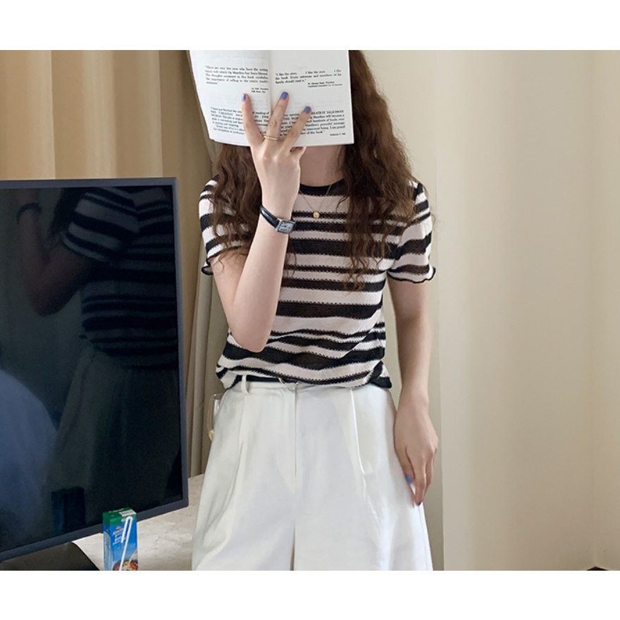 Áo Dệt Kim Ngắn Tay Cổ Tròn Họa Tiết Kẻ Sọc Thời Trang Mùa Hè Hàn Quốc