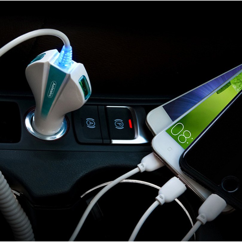 Sạc Nhanh Ô Tô 2 cổng USB và 3 Đầu Sạc Dài 1.5M Đầu Micro Lightninng Type-C 3 IN 1 Cốc Sạc Nhanh Quick Chagre 3.0 Xe Hơi