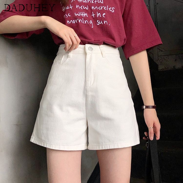 Daduhey Quần short denim ống rộng eo cao thiết kế thời trang phong cách Hàn Quốc