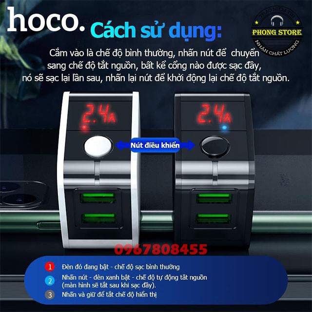 Củ Sạc Nhanh Hoco HK5 Tự Ngắt Thông Minh Khi Đầy Pin | 2 Cổng USB 2.4A | Có Điện Led Báo Dòng Điện Sạc